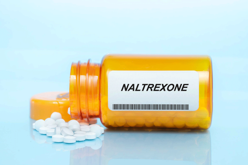 Open bottle of naltrexone, a treatment for addiction